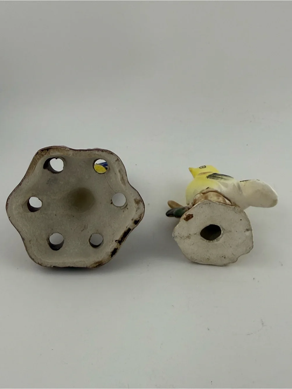 2 Vintage Brush Bluebird Flower Frog & Porcelain Goldfinch Figurine